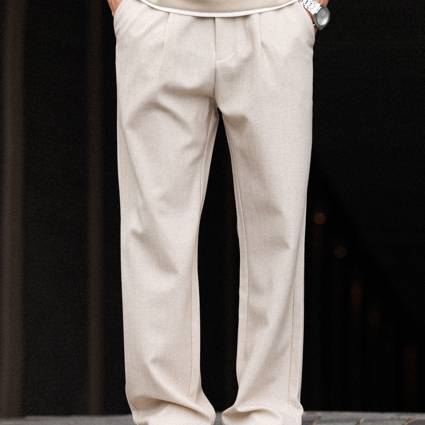 美式280g仿麻直筒西褲男立體打褶抗皺墜感老錢風休閒褲