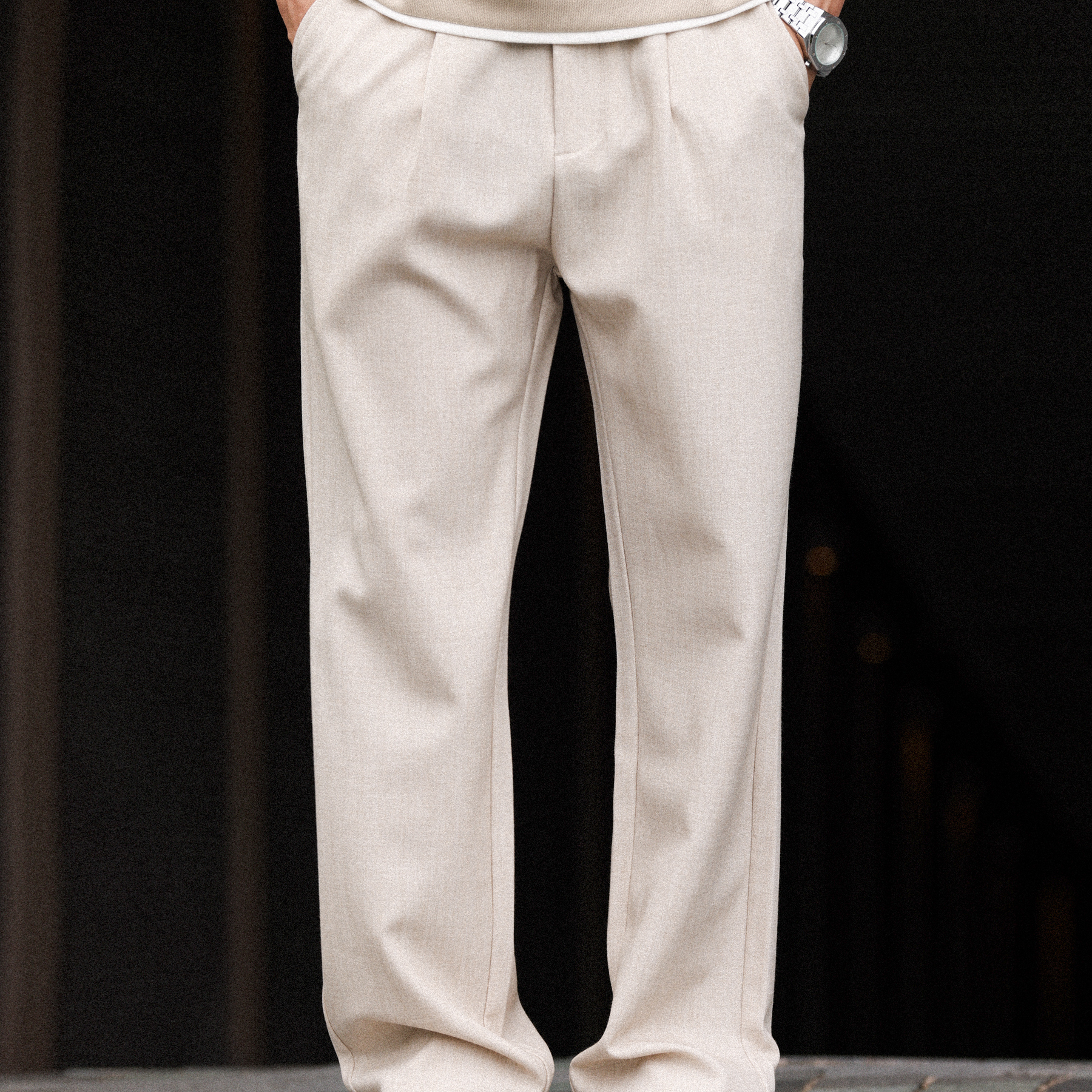 美式280g仿麻直筒西褲男立體打褶抗皺墜感老錢風休閒褲