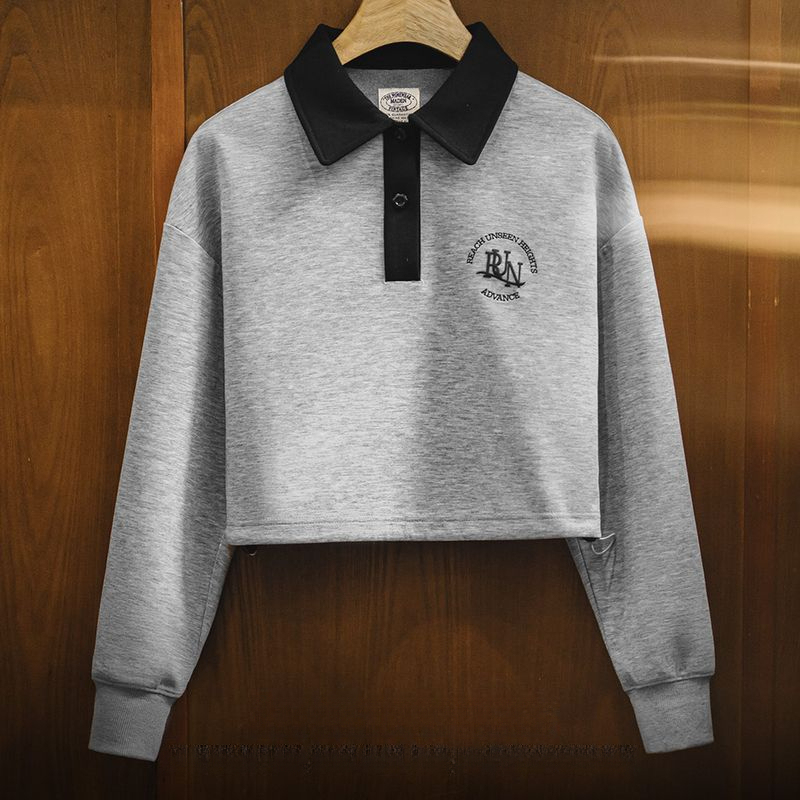 復古格雷系空氣層運動Polo領衛衣小心機顯腰健身長袖春季上衣