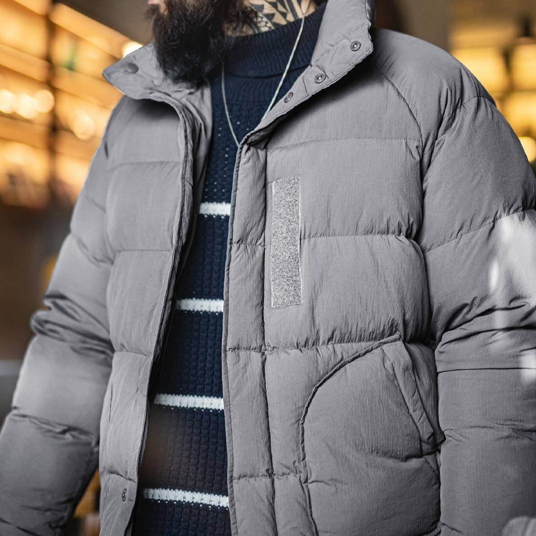 美式灰色尼龍棉服插肩袖外套珍珠棉立領加厚保暖短款夾克