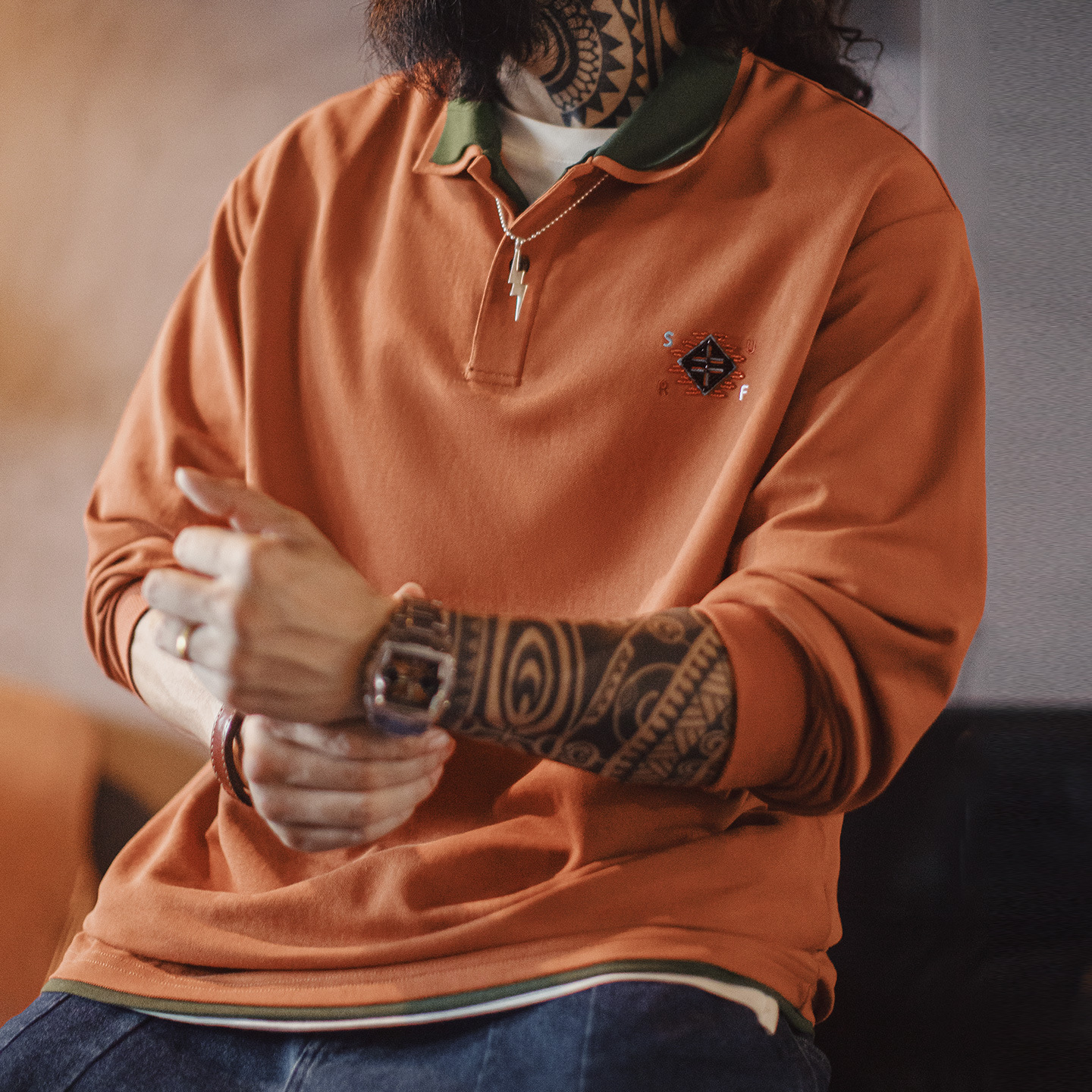 美式復古納瓦霍polo領衛衣假兩件長袖橘色針織polo衫男秋