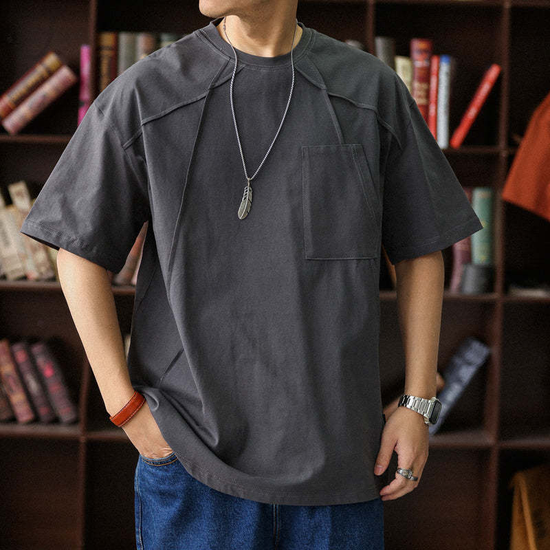 日系復古解構線條設計短袖T恤男寬鬆圓領純棉高級感半袖上衣-Retro's Wear