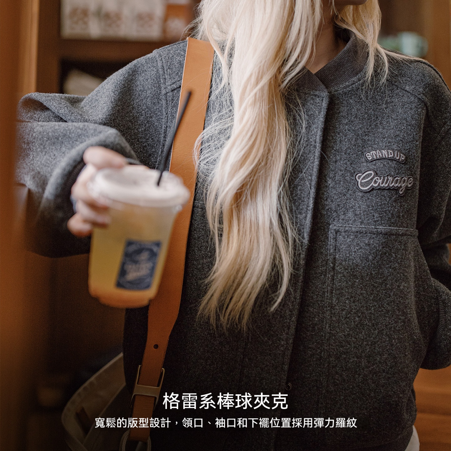 深灰色加厚棒球領服短款毛呢呢子夾克大口袋外套上衣女士秋冬