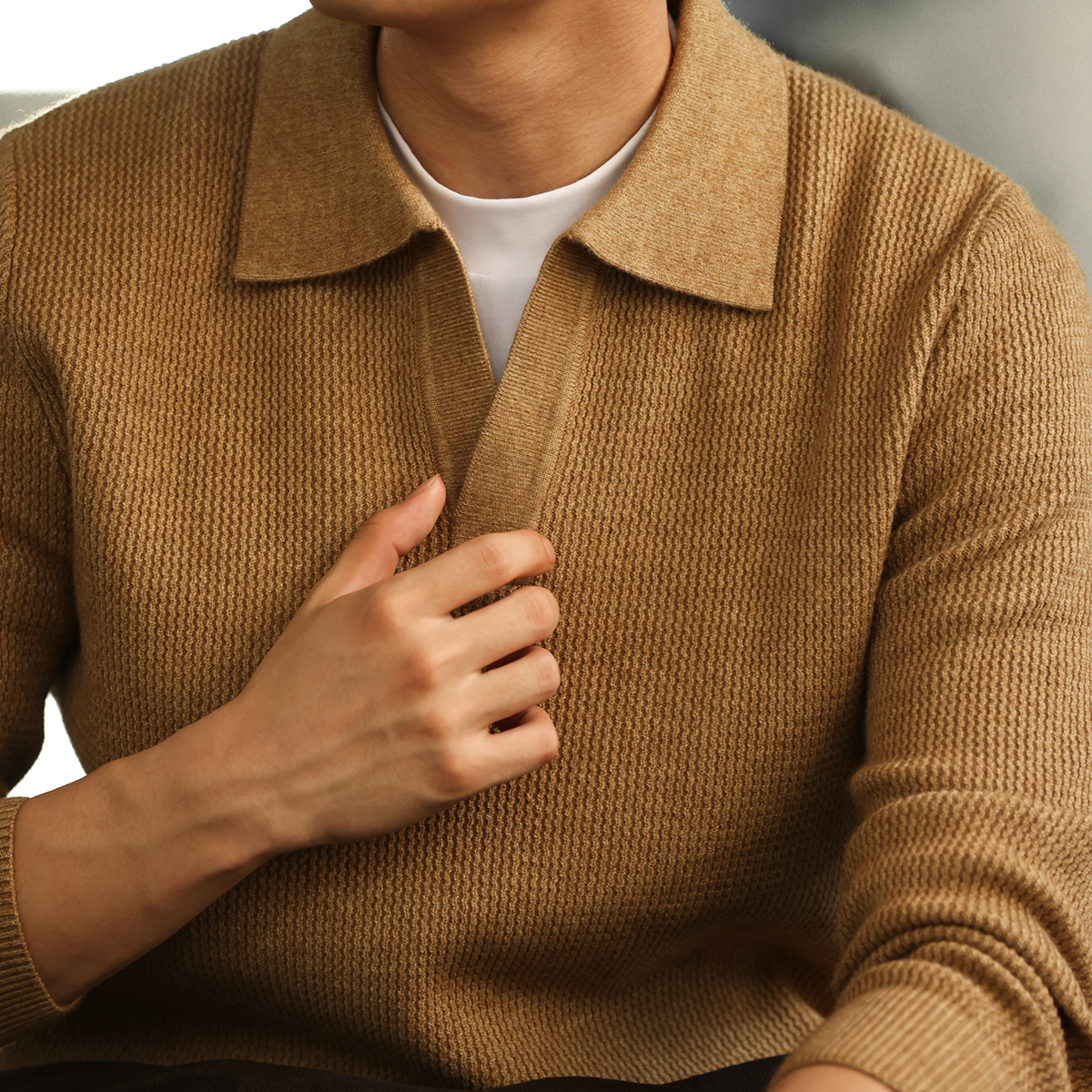 美式復古海鷗領針織POLO衫男12針重磅老錢提花保暖毛衣