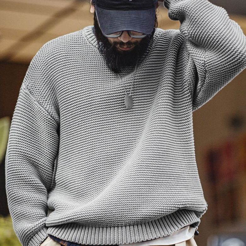 美式復古重磅肌理針織毛衣寬鬆落肩圓領套頭打底衫男秋冬-Retro's Wear