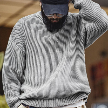 美式復古重磅肌理針織毛衣寬鬆落肩圓領套頭打底衫男秋冬-Retro's Wear