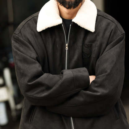 美式復古vintage麂皮絨外套男寬鬆刺繡加厚夾棉毛領夾克棉服-Retro's Wear