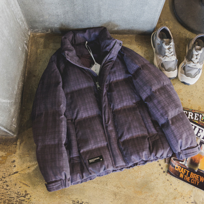 輕奢格紋肌理立領羽絨服男士2025冬季加厚寬鬆百搭保暖麵包服外套