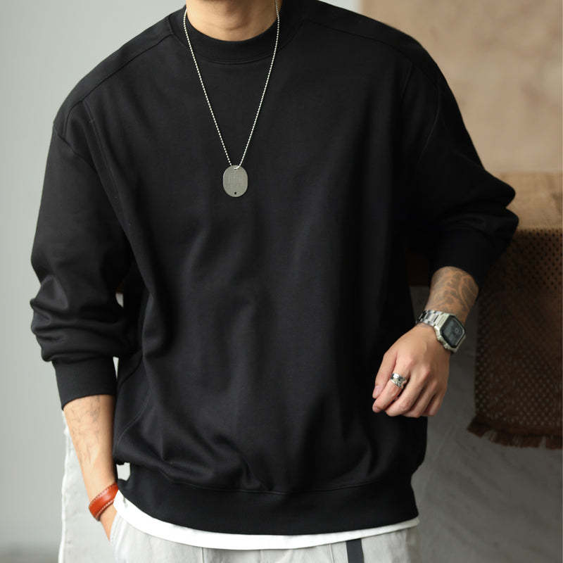 日系復古阿爾曼重磅衛衣男寬鬆圓領390g螺紋拼接淨版上衣秋-Retro's Wear