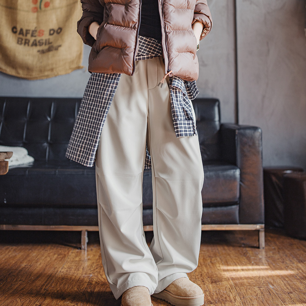 米白色加絨厚實保暖休閒褶皺工裝傘兵直筒闊腿長褲子女士秋冬