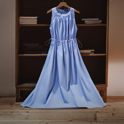 淺春系baby藍無袖連衣裙休閒沙灘度假長裙春夏法式抽褶裙子女