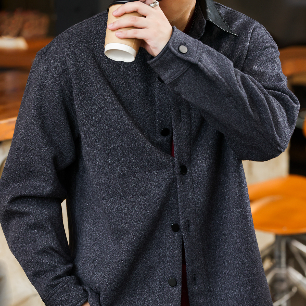 美式復古720g羊毛呢保暖襯衣外套男拼接皮質翻領襯衫冬