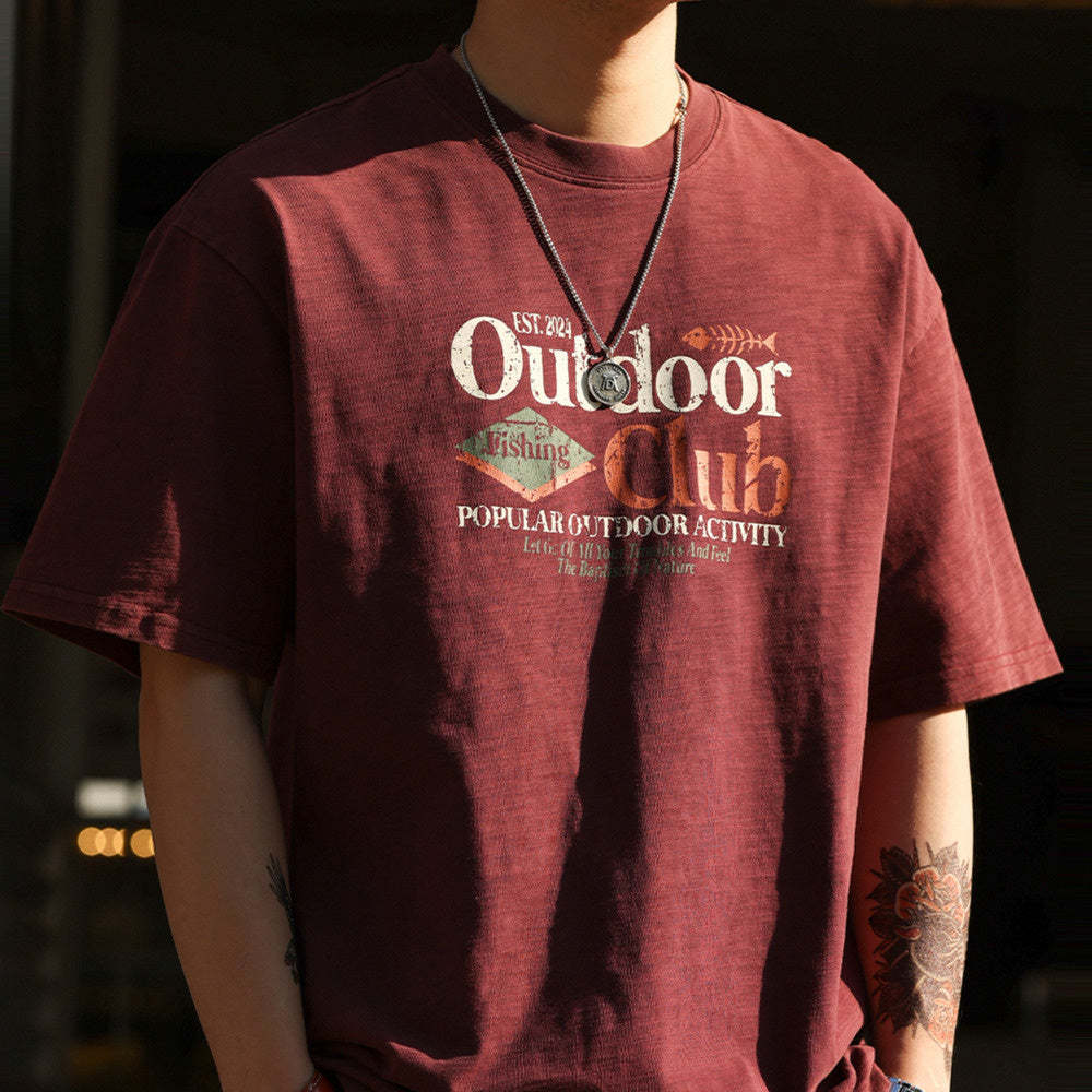 美式復古竹節棉圓領T恤男250g純棉圓領安可拉紅短袖TEE