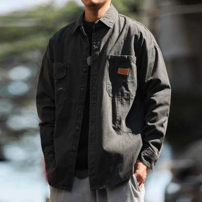 美式復古重磅工裝襯衫男拼介面袋疊穿戶外硬漢獵裝夾克外套-Retro's Wear