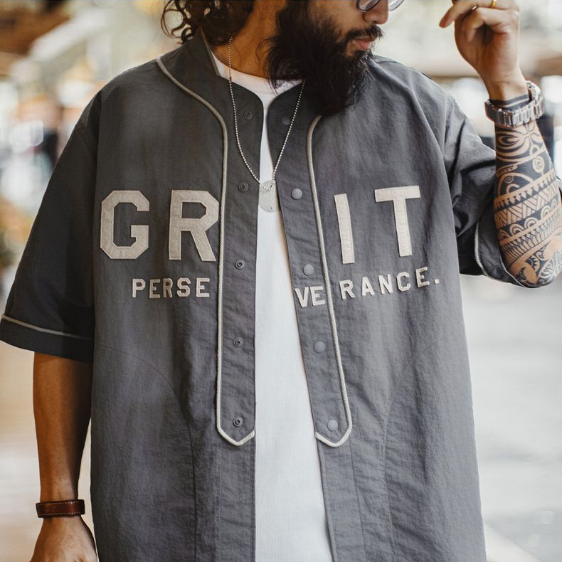 美式休閒GRIT棒球服貼布繡襯衫日系灰色薄款襯衣男春夏