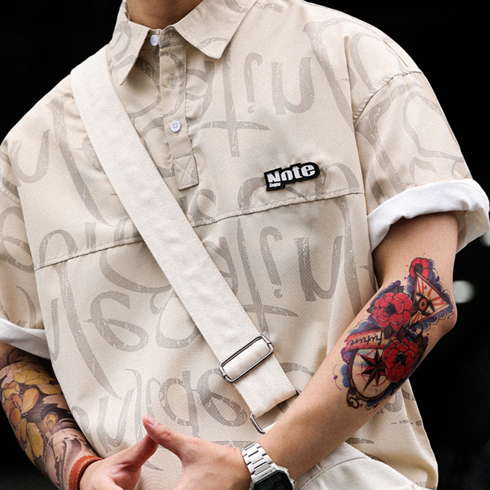 美式滿印塗鴉冰絲短袖POLO衫男薄款寬鬆工裝半袖保羅衫T恤夏-Retro's Wear