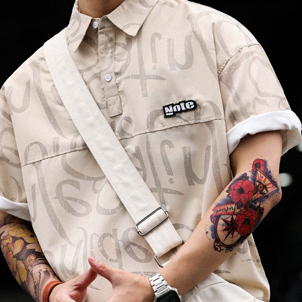 美式滿印塗鴉冰絲短袖POLO衫男薄款寬鬆工裝半袖保羅衫T恤夏-Retro's Wear