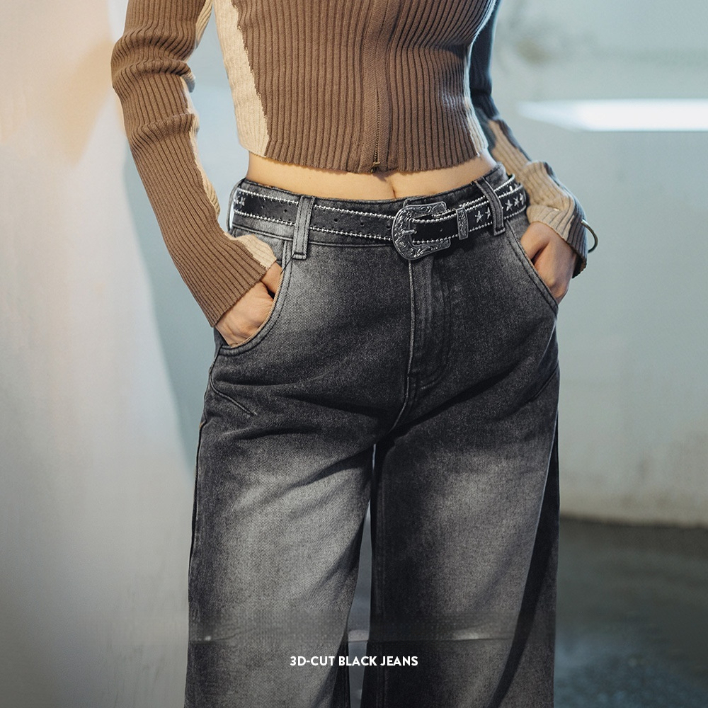 窄版闊腿牛仔褲立體裁剪香蕉褲顯瘦直筒褲垂感拖地褲子春秋女-Retro's Wear