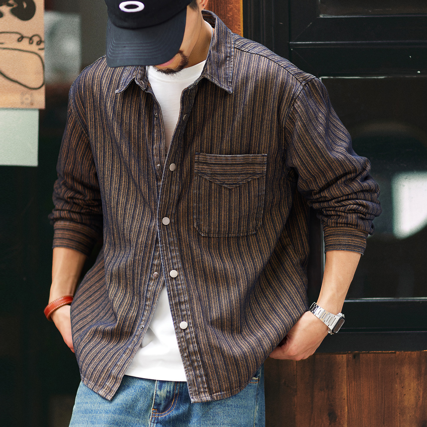 條紋提花復古休閒牛仔襯衫男2025秋季新款美式翻領長袖襯衣外套