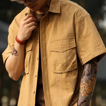 美式復古泡泡紗短袖襯衫男雙口袋暗紋翻領120g工裝襯衣