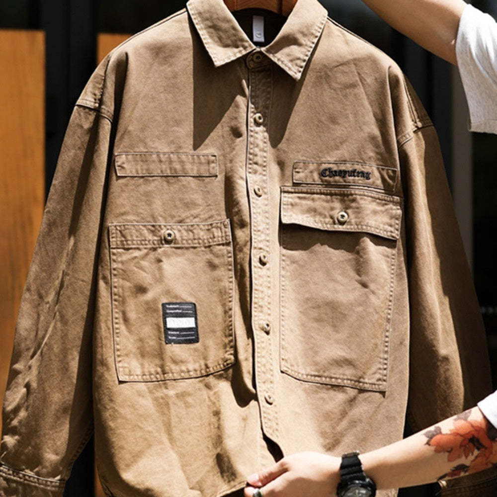 美式復古硬漢帆布工裝襯衫夾克純棉磨毛外穿重磅獵裝外套秋-Retro's Wear