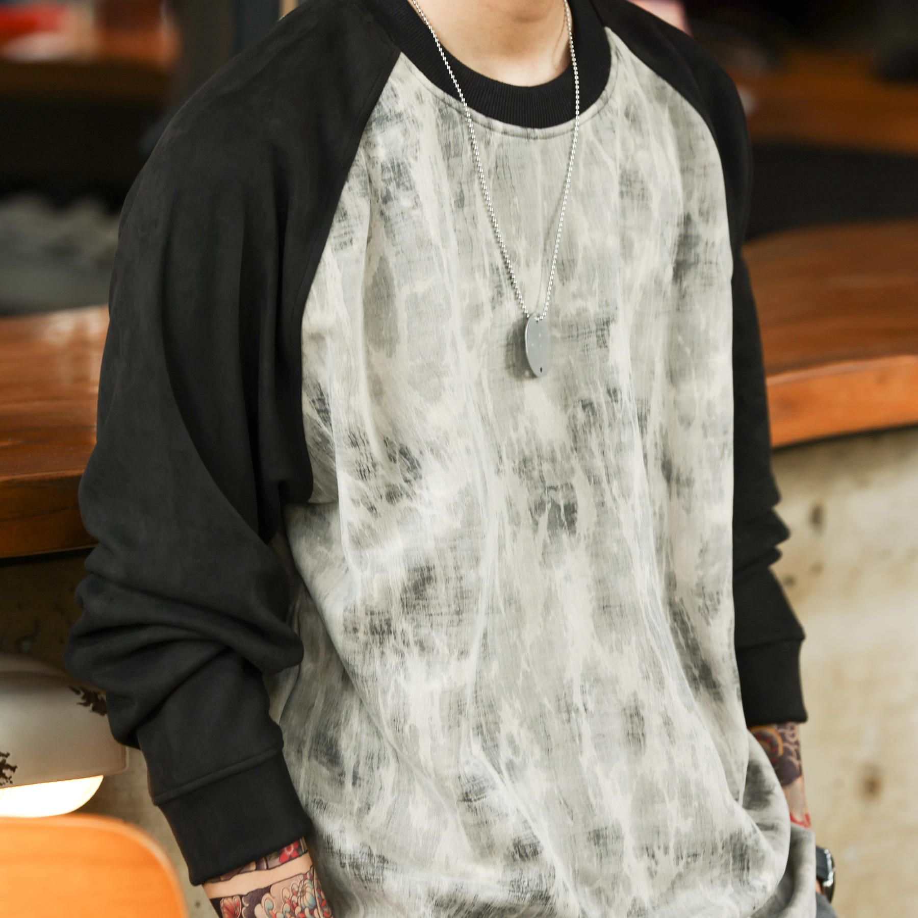 水墨暈染插肩袖重磅T恤男360g美式大理石紋撞色長袖衛衣