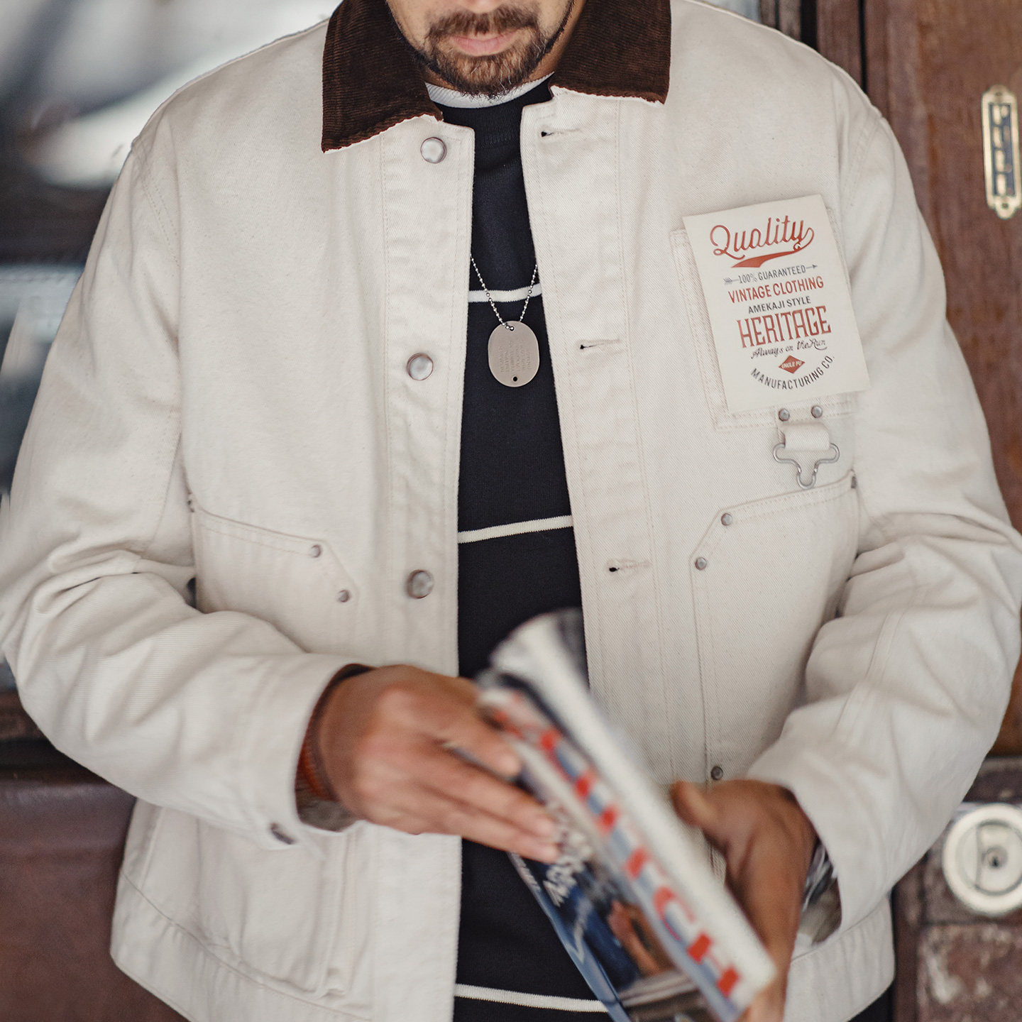 美式棉籽殼J22白色翻領夾克獵裝法式燈芯絨領外套男款春