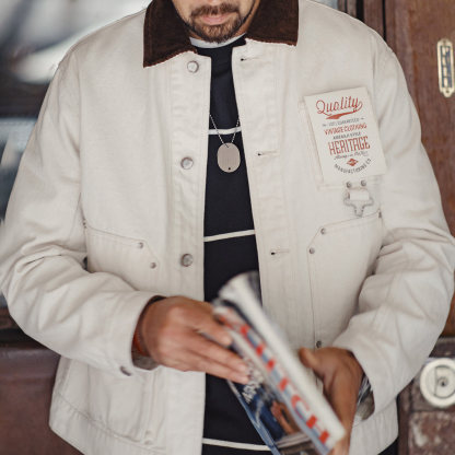 美式棉籽殼J22白色翻領夾克獵裝法式燈芯絨領外套男款春