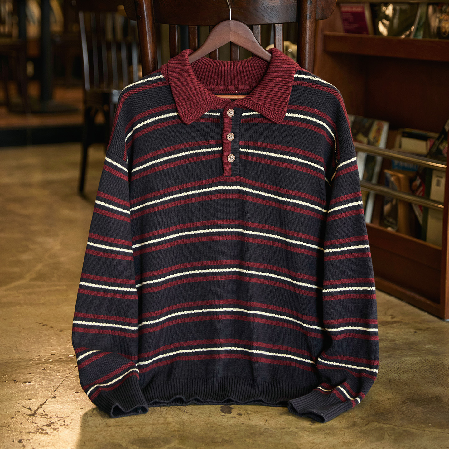 美式復古POLO領條紋毛衣男2025冬季新款寬鬆慵懶風撞色針織衫上衣