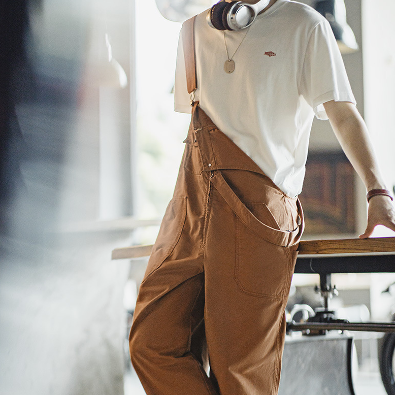 美式復古海軍甲板背帶褲阿美哢嘰吊帶休閒直筒連體褲男夏-Retro's Wear