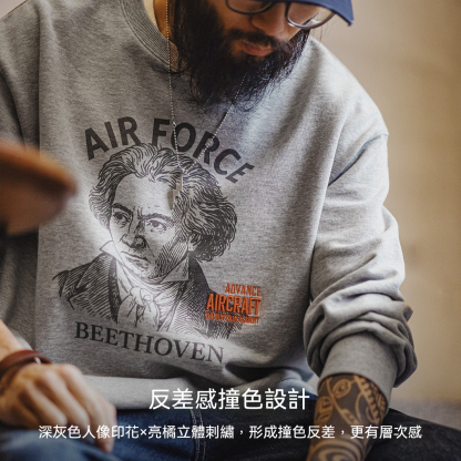 美式灰色卷邊全純棉衛衣寬鬆套頭印花刺繡長袖T恤男款春