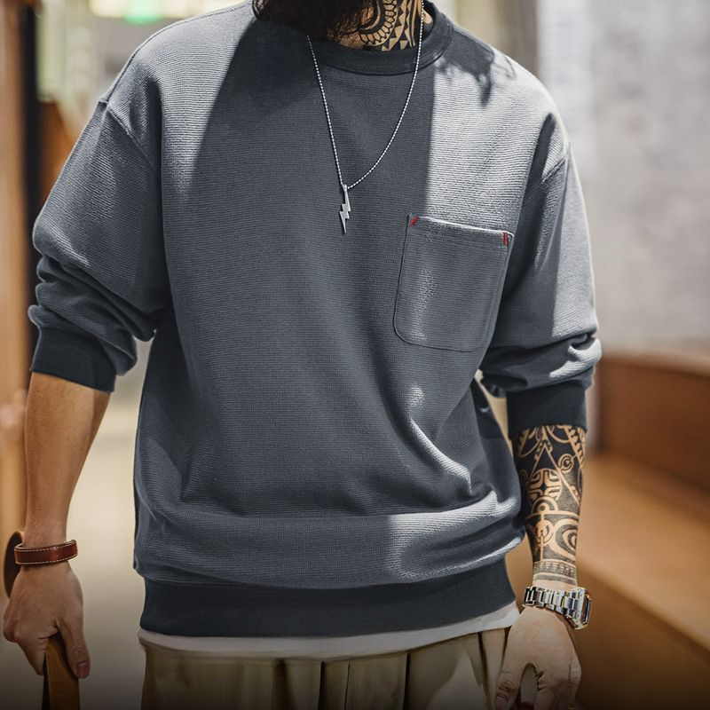 美式休閒華夫格口袋T恤圓領套頭衛衣寬鬆長袖上衣男春季