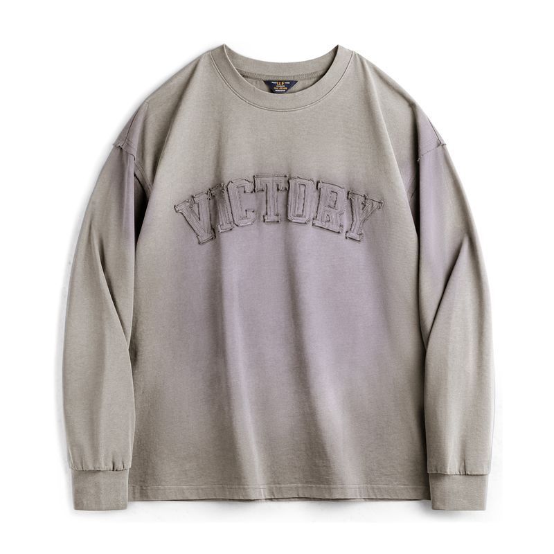 美式復古字母貼布衛衣漸變色水洗做舊寬鬆圓領T恤男春季