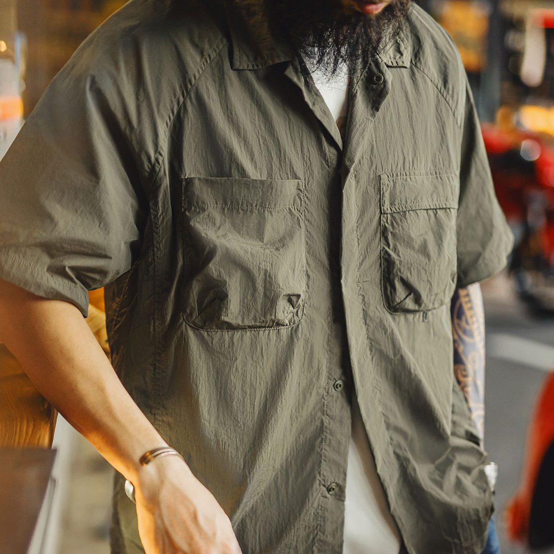 山系戶外短袖襯衫速幹黃色肌理感薄款日系口袋襯衣男款夏