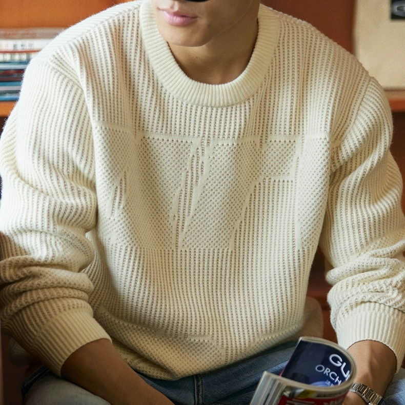 肌理感字母提花圓領毛衣男2025秋冬新款寬鬆休閒慵懶風針織毛線衣