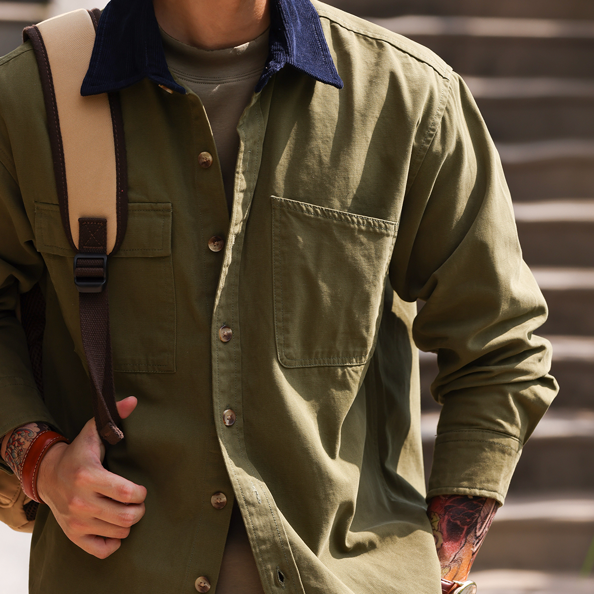 巴恩風復古工裝襯衫男撞色燈芯絨領口痞帥長袖襯衣外套