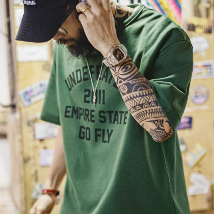 美式章仔印花T恤綠色小眾圓領正肩設計感短袖上衣男款夏