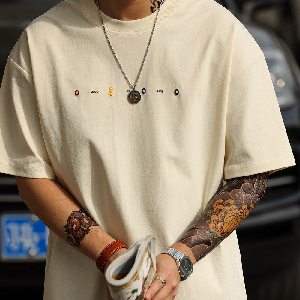 美式休閒刺繡短袖T恤男寬鬆簡約圓領親膚落肩袖打底TEE