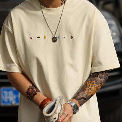 美式休閒刺繡短袖T恤男寬鬆簡約圓領親膚落肩袖打底TEE