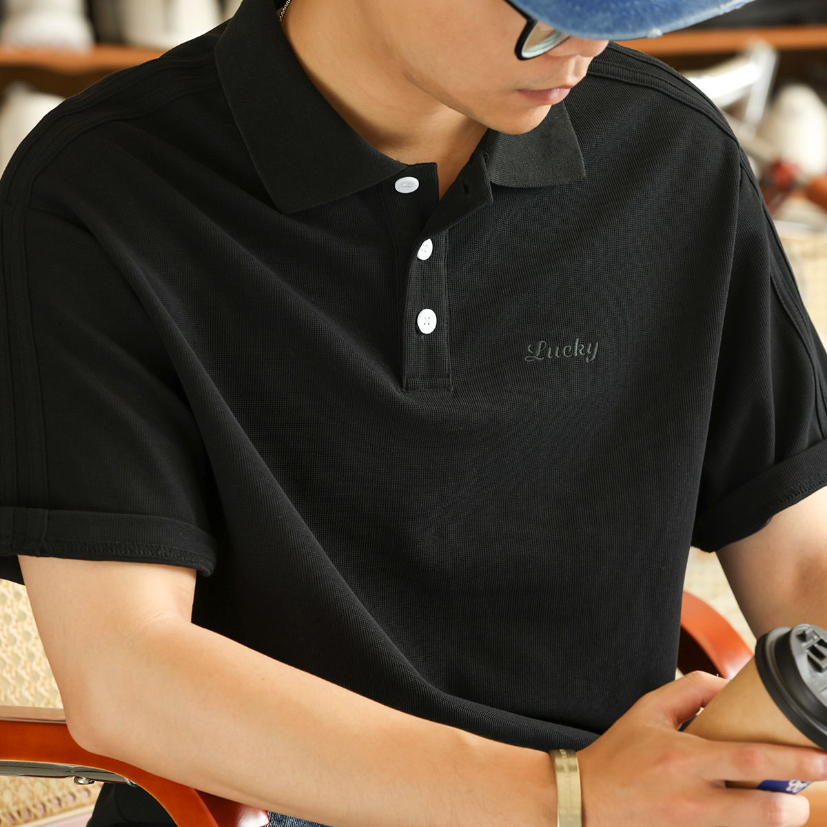 美式休閒230g短袖POLO衫男透氣蜂窩肌理感刺繡翻領T恤夏