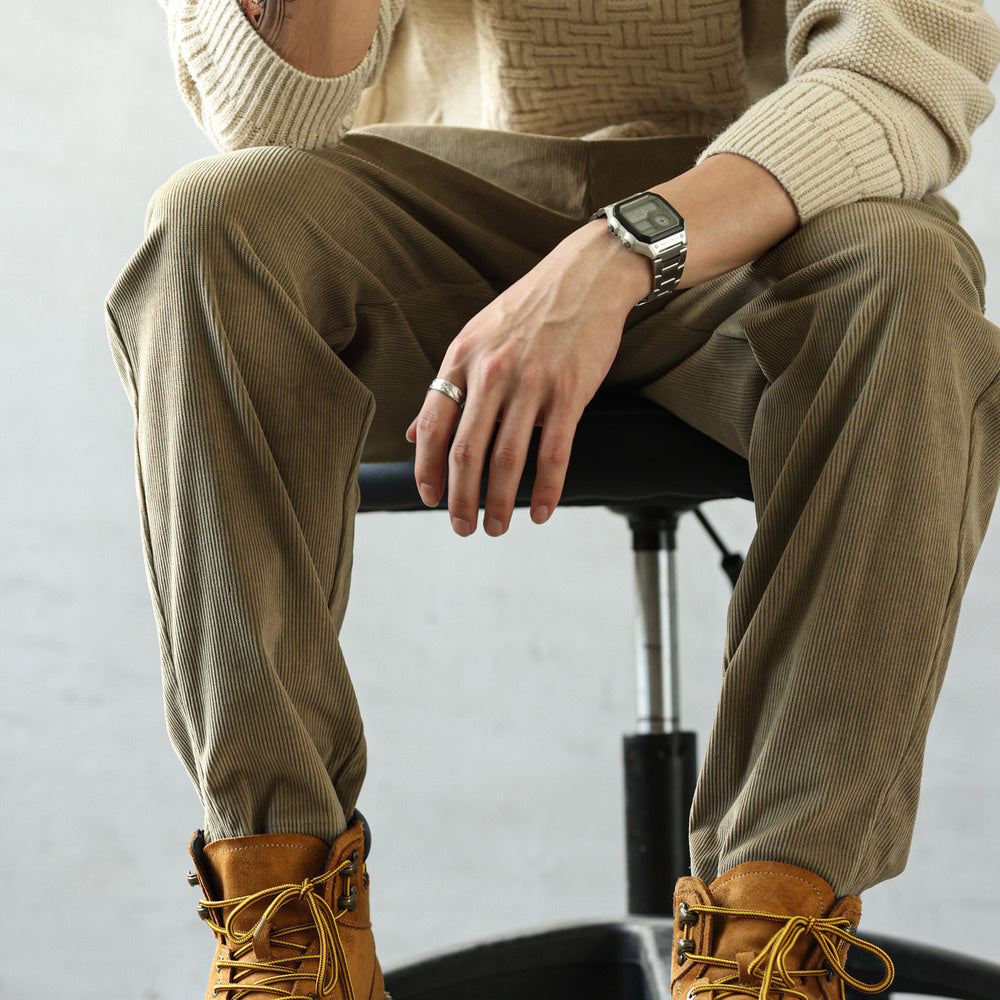 美式重磅燈芯絨休閒褲男寬鬆加絨百搭卡其色小錐形長褲秋冬-Retro's Wear