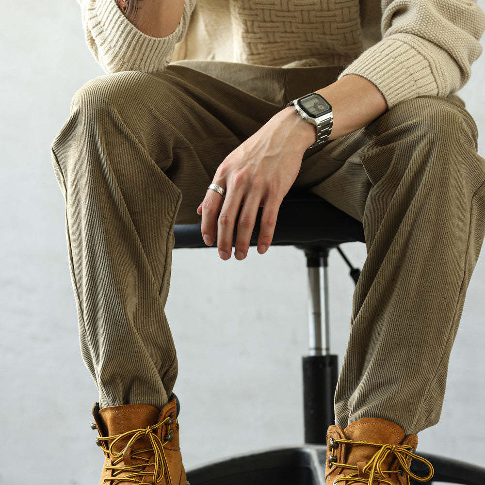 美式重磅燈芯絨休閒褲男寬鬆加絨百搭卡其色小錐形長褲秋冬-Retro's Wear