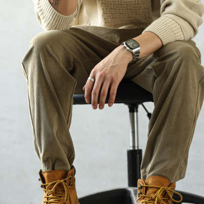 美式重磅燈芯絨休閒褲男寬鬆加絨百搭卡其色小錐形長褲秋冬-Retro's Wear