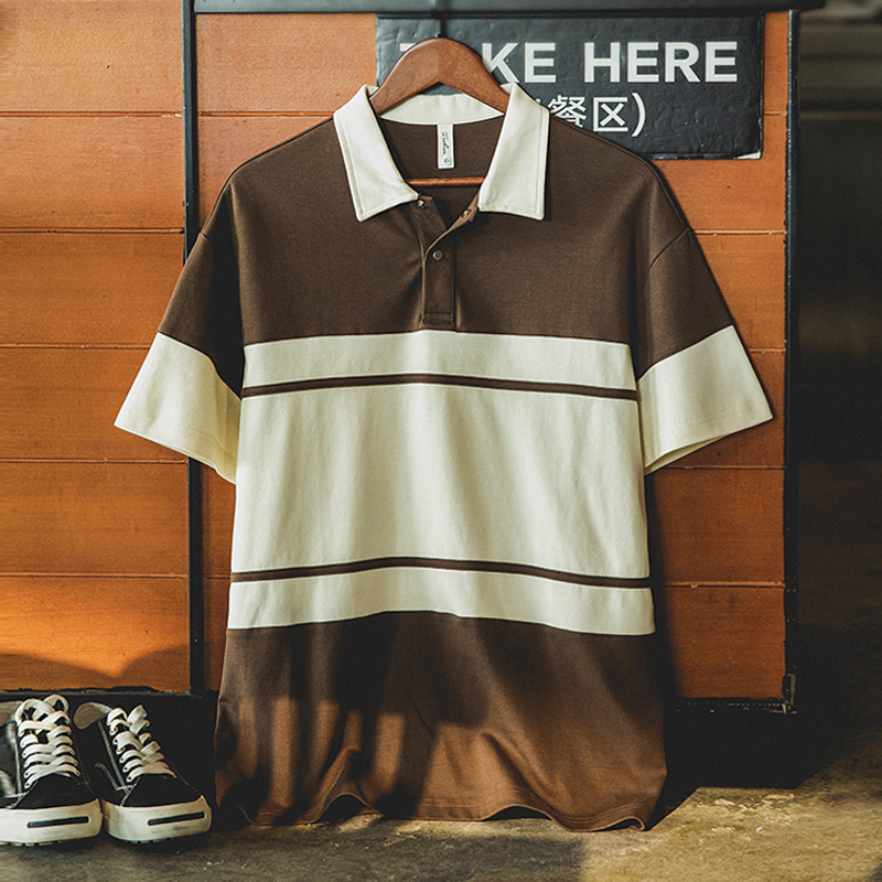 美式復古polo衫短袖男夏季2025新款撞色彈力上衣寬鬆拼接男士t恤