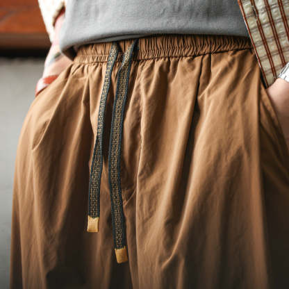 美式休閒垂感運動休閒褲男寬鬆打褶戶外梭織復古抽繩老爹褲-Retro's Wear