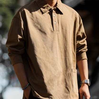 美式休閒口袋翻領長袖POLO衫男弧形下擺戶外運動疊穿工裝T恤-Retro's Wear