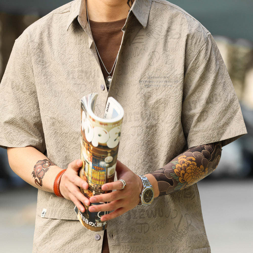 美式休閒夏威夷短袖襯衫男滿印提花雅痞復古疊穿襯衣