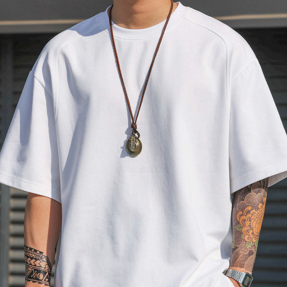 美式休閒230g太空棉短袖T恤男運動拼接開衩薄荷綠色TEE