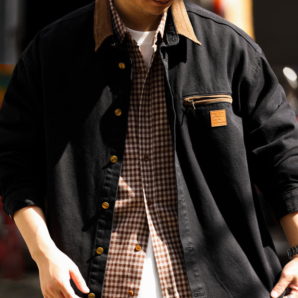 美式復古J97卡哈特襯衫外套男撞色拼接領口cleanfit工裝夾克-Retro's Wear