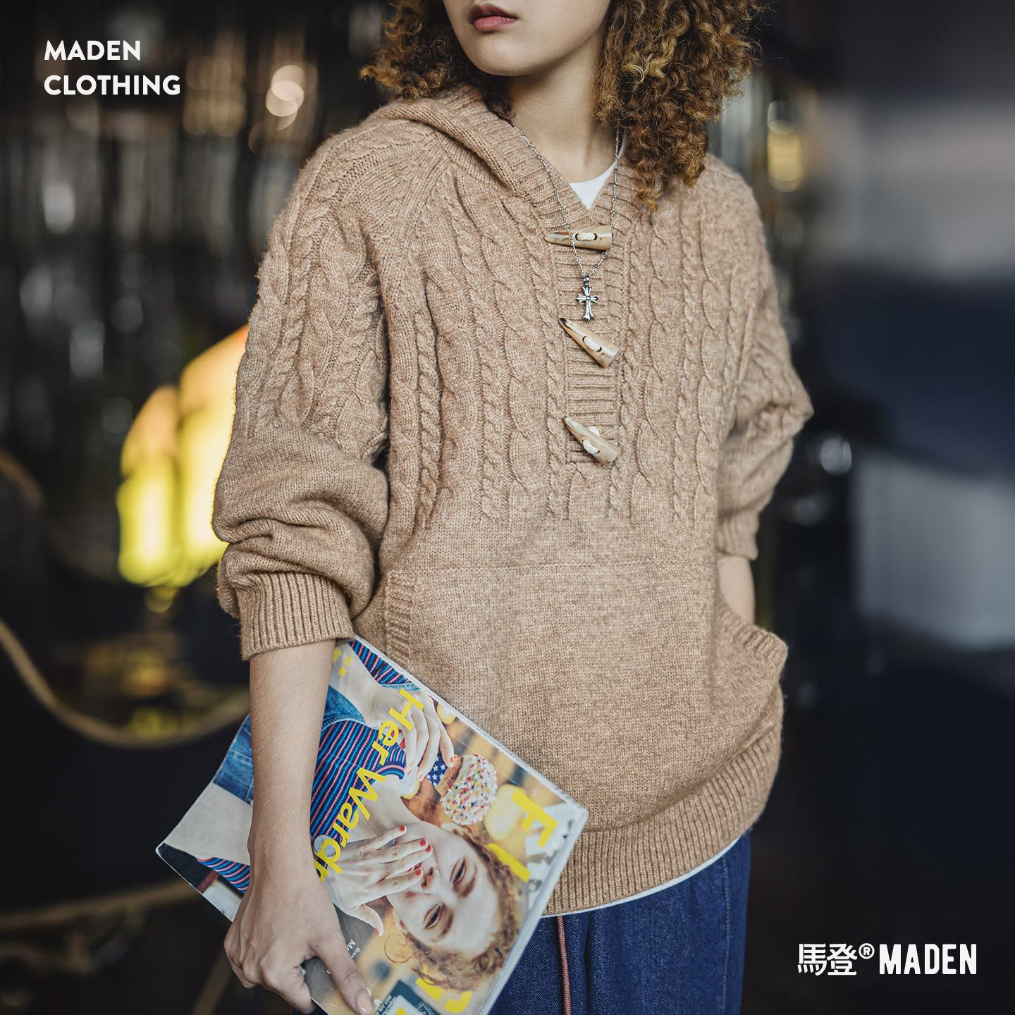 咖色半開領寬鬆加厚保暖套頭連帶帽針織毛衣衛衣外穿女士秋冬